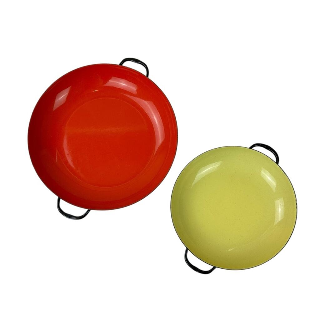 Vintage MCM Lantoni Sizzling Servers Red and Yellow Enamel Set Italy